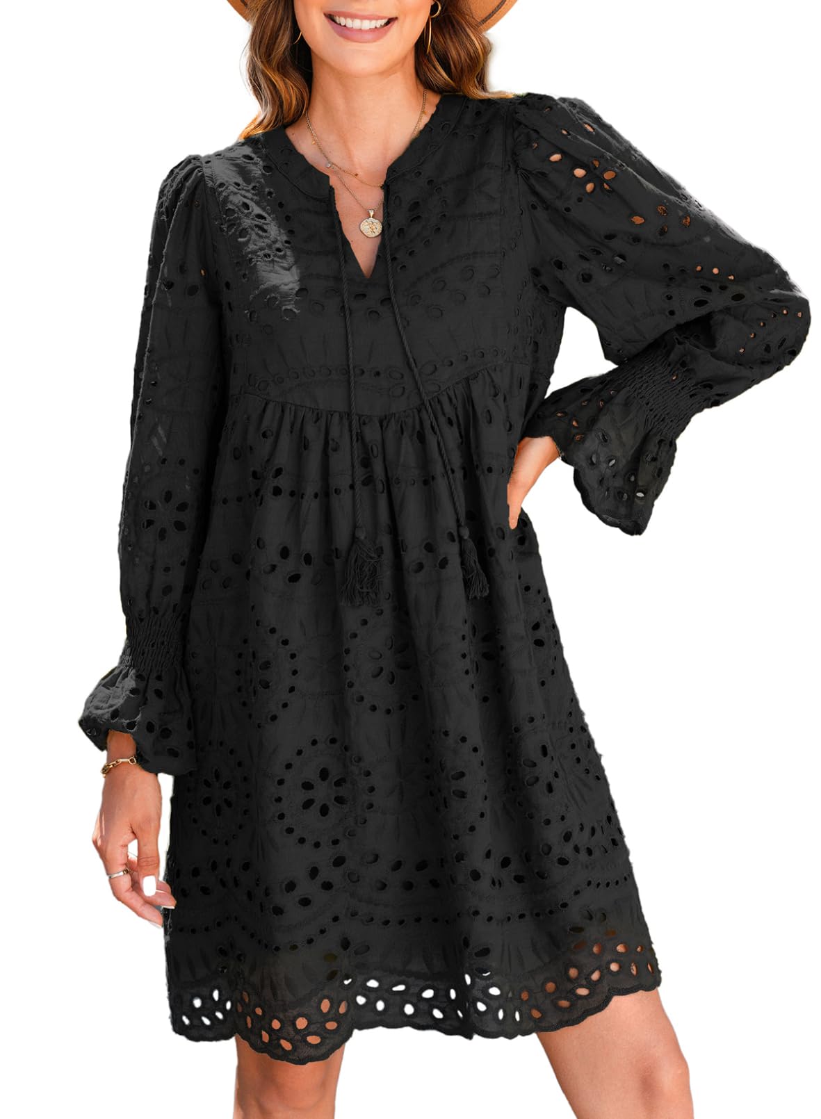 Womens V Neck Long Sleeve Hollow Out Lace Ruffle Dresses