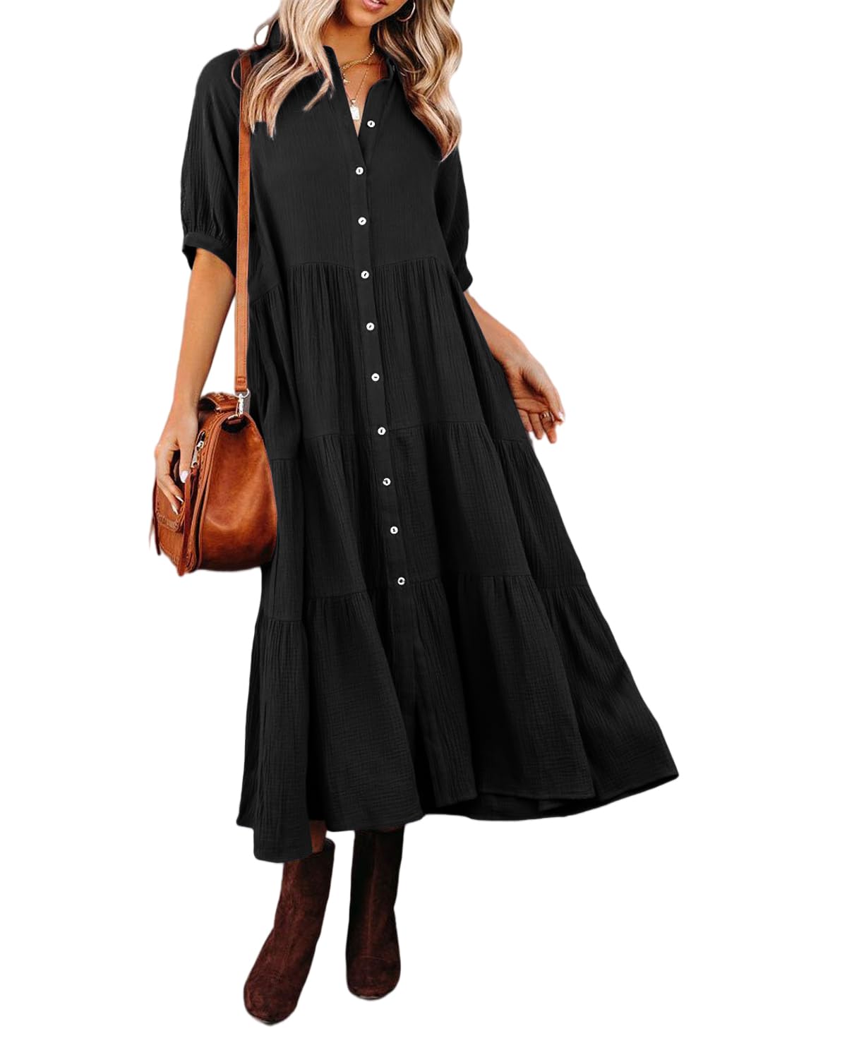 2024 Women'S Half Sleeve Collared Button Down Loose Flowy Pockets Casual Dresses(50% OFF Today!!!)