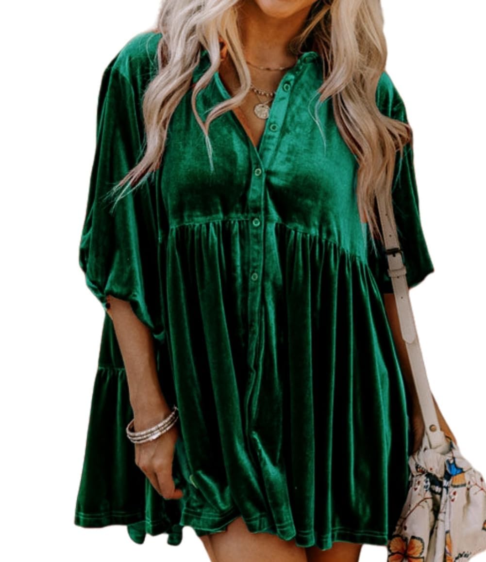 Womens Velvet Dress Button Down T Shirt 3/4 Sleeve Tunic Tops