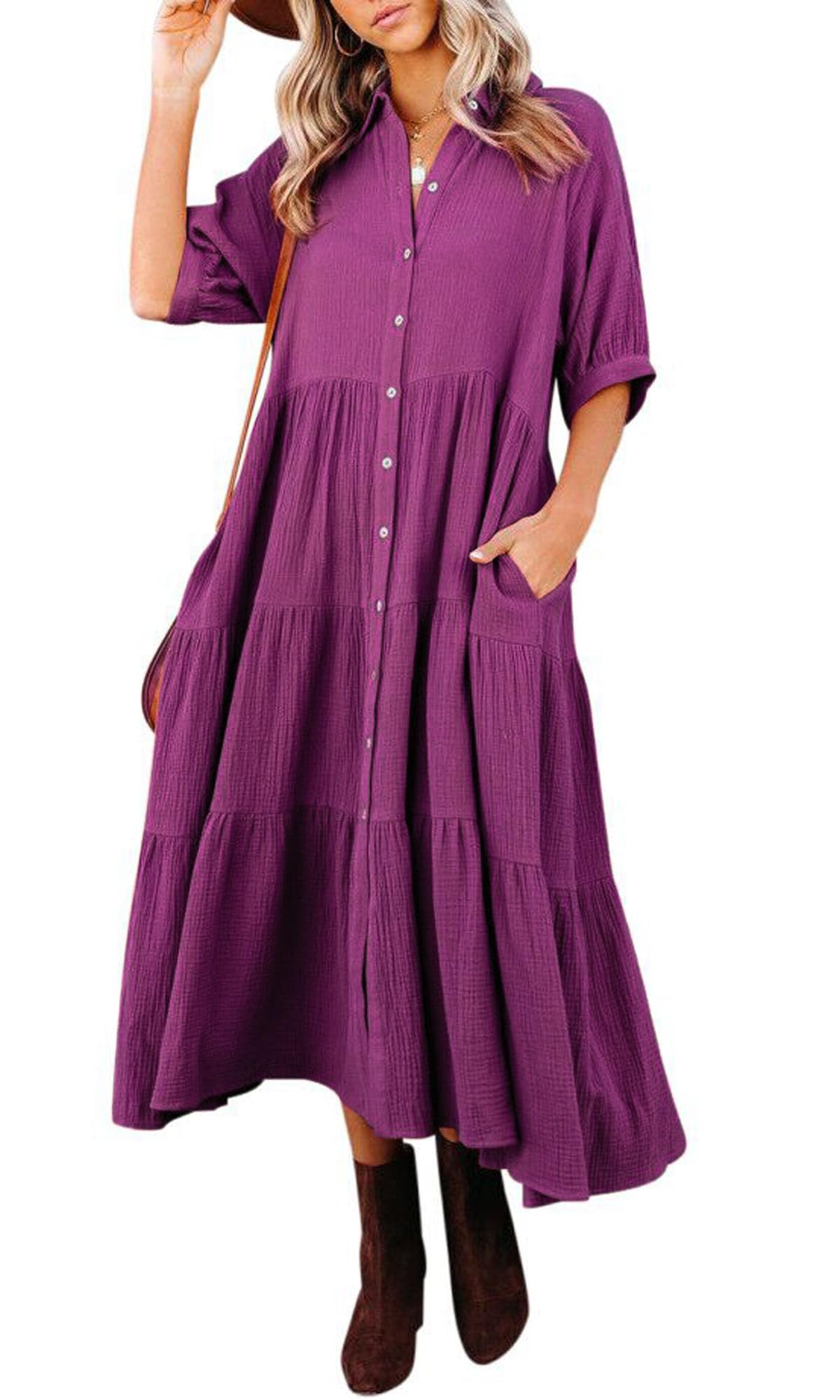 2024 Women'S Half Sleeve Collared Button Down Loose Flowy Pockets Casual Dresses(50% OFF Today!!!)