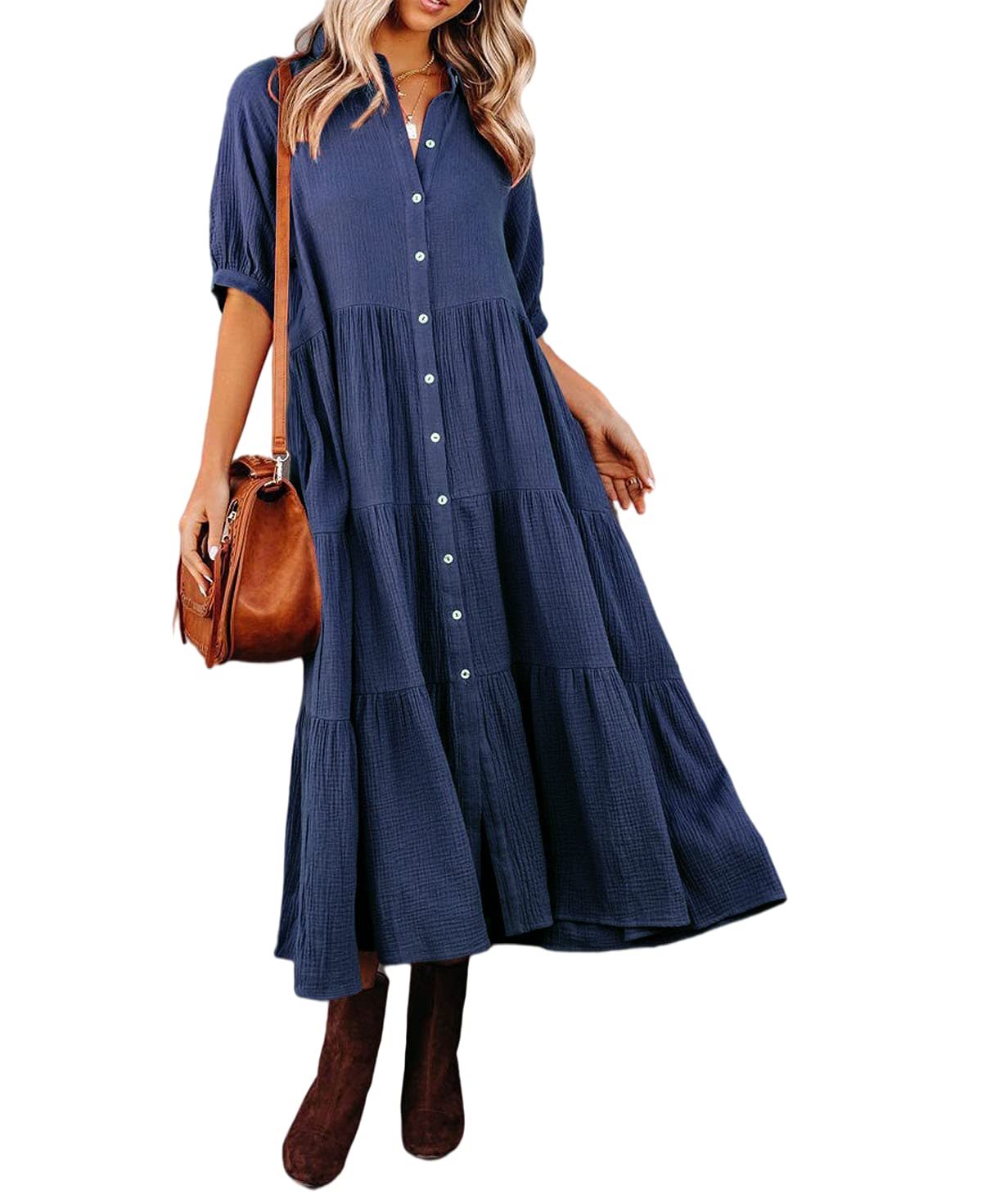 2024 Women'S Half Sleeve Collared Button Down Loose Flowy Pockets Casual Dresses(50% OFF Today!!!)