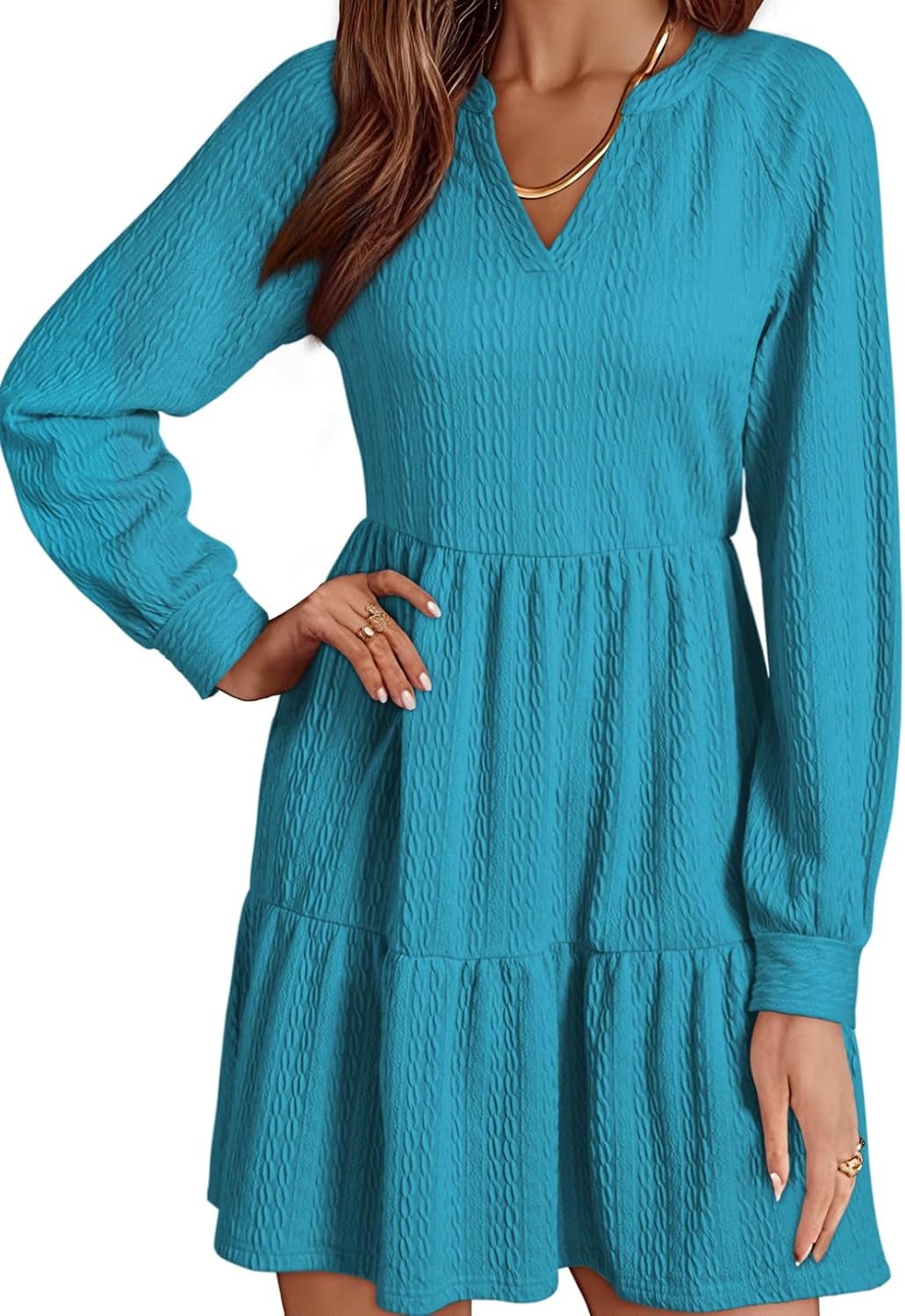 Womens Long Sleeve V Neck Textured  Tiered Ruffle  Mini Babydoll Dress
