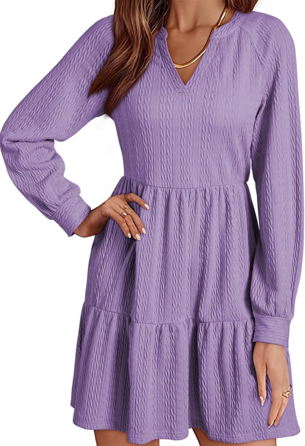 Womens Long Sleeve V Neck Textured  Tiered Ruffle  Mini Babydoll Dress