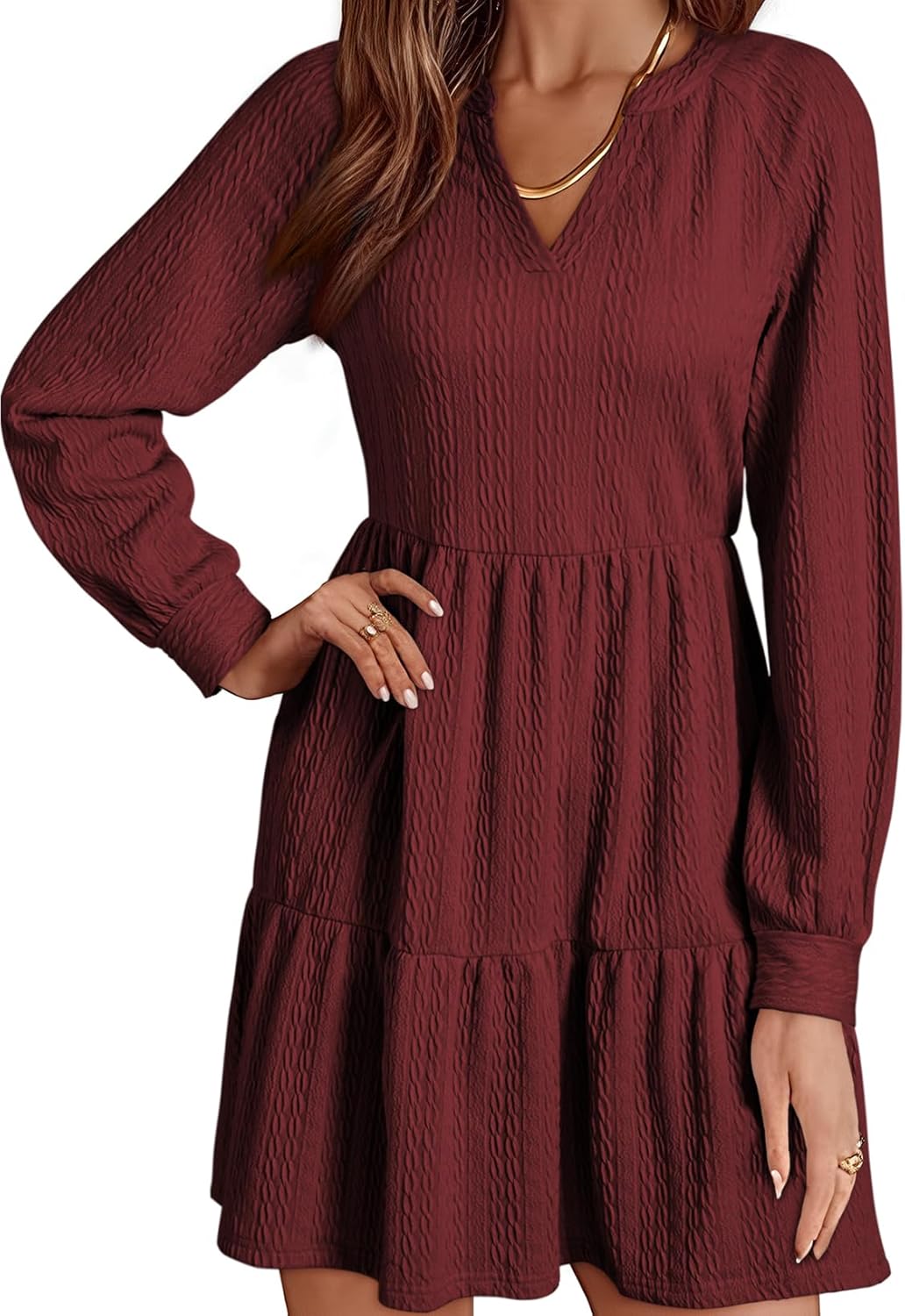 Womens Long Sleeve V Neck Textured  Tiered Ruffle  Mini Babydoll Dress