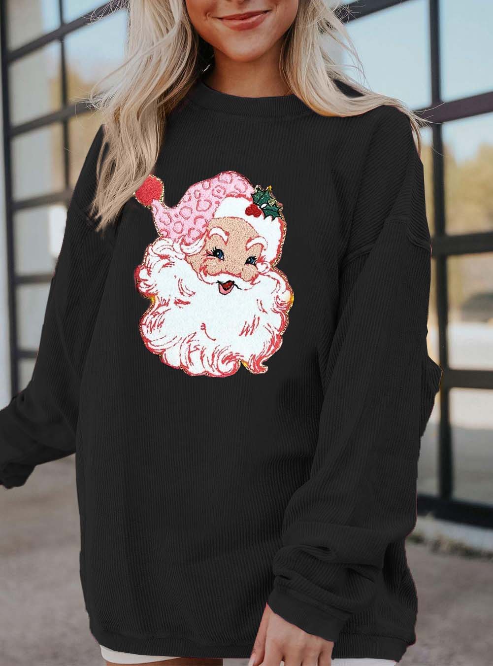 Round Neck Loose Long Sleeve Shiny Santa Pattern Shirt Pullover【Buy 2 Free Shipping】