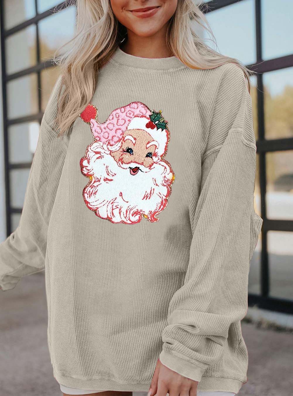 Round Neck Loose Long Sleeve Shiny Santa Pattern Shirt Pullover【Buy 2 Free Shipping】