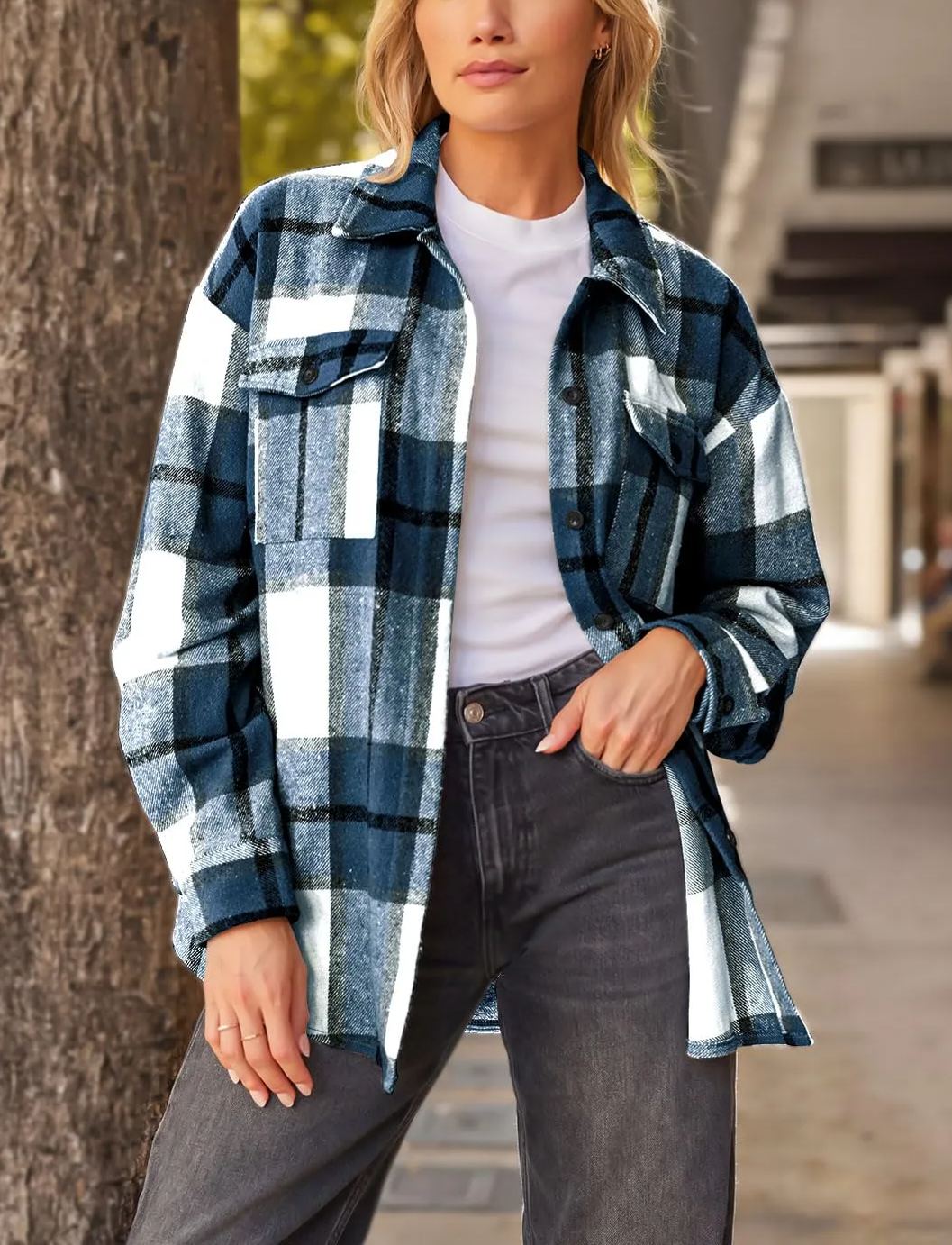 Women's Fall Flannel Plaid Button Down Long Sleeve Shirts Jackets