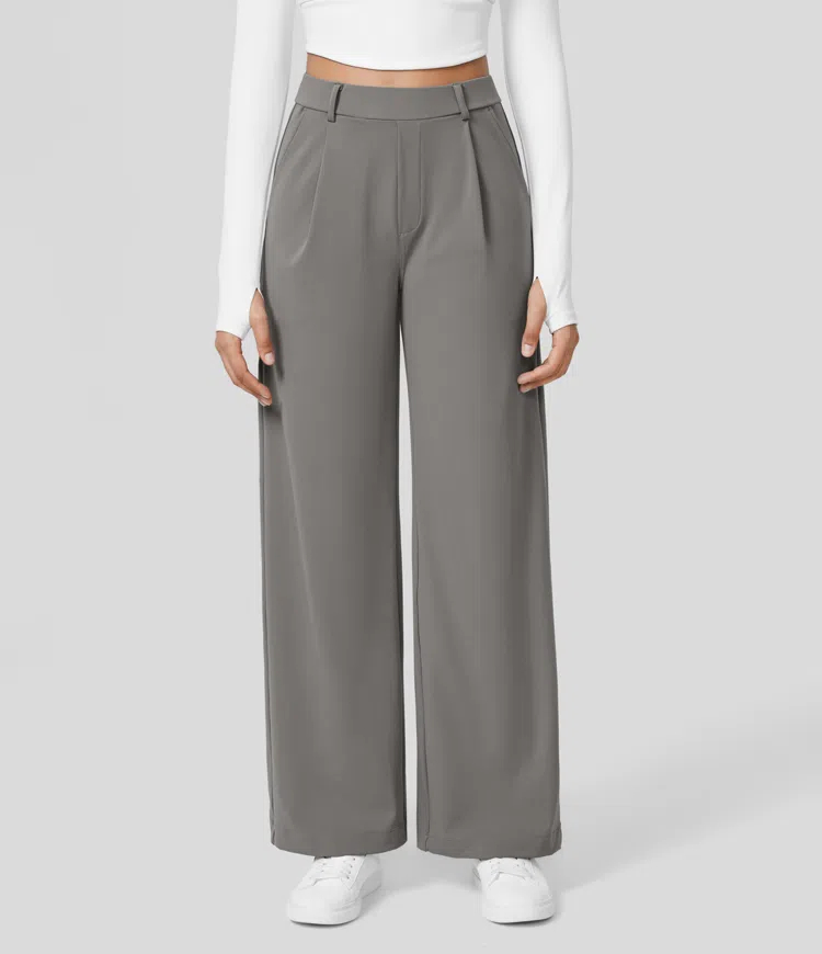 High Waisted Plicated Side Pocket Straight Leg Work Pants（Buy 2 Free Shipping）-hivebabe.com