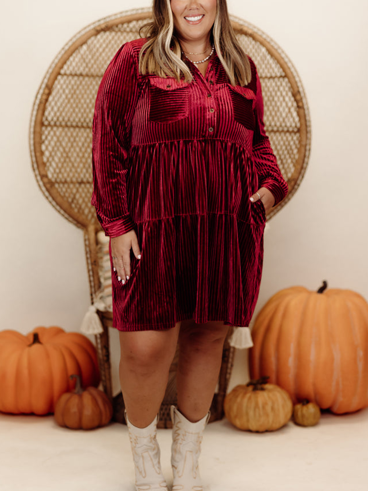 Velvet Textured Collared Button Down Dress(Buy 2 Free Shipping)