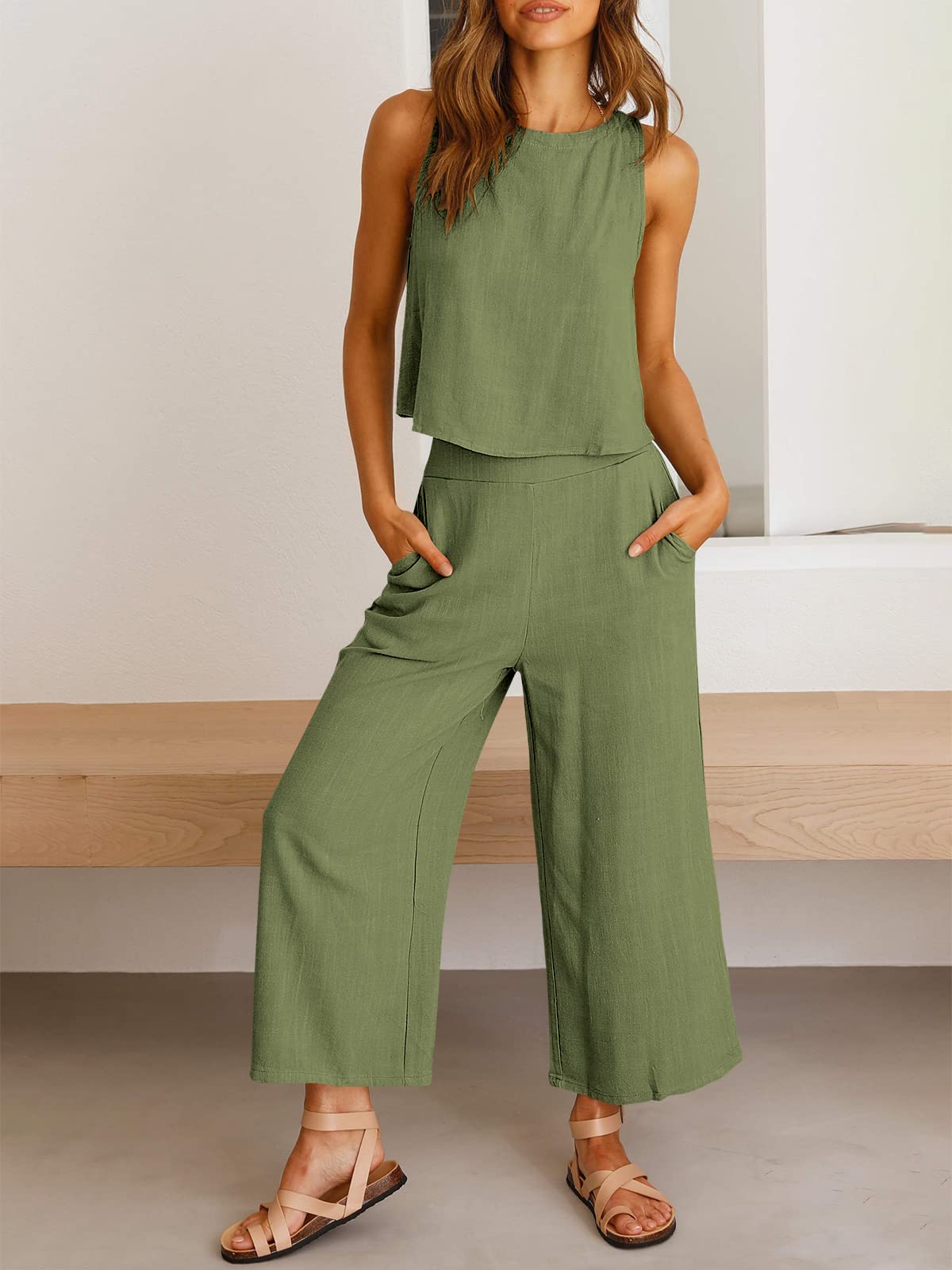 Women's Summer 2 Piece Outfits Sleeveless Crop Top Capri 