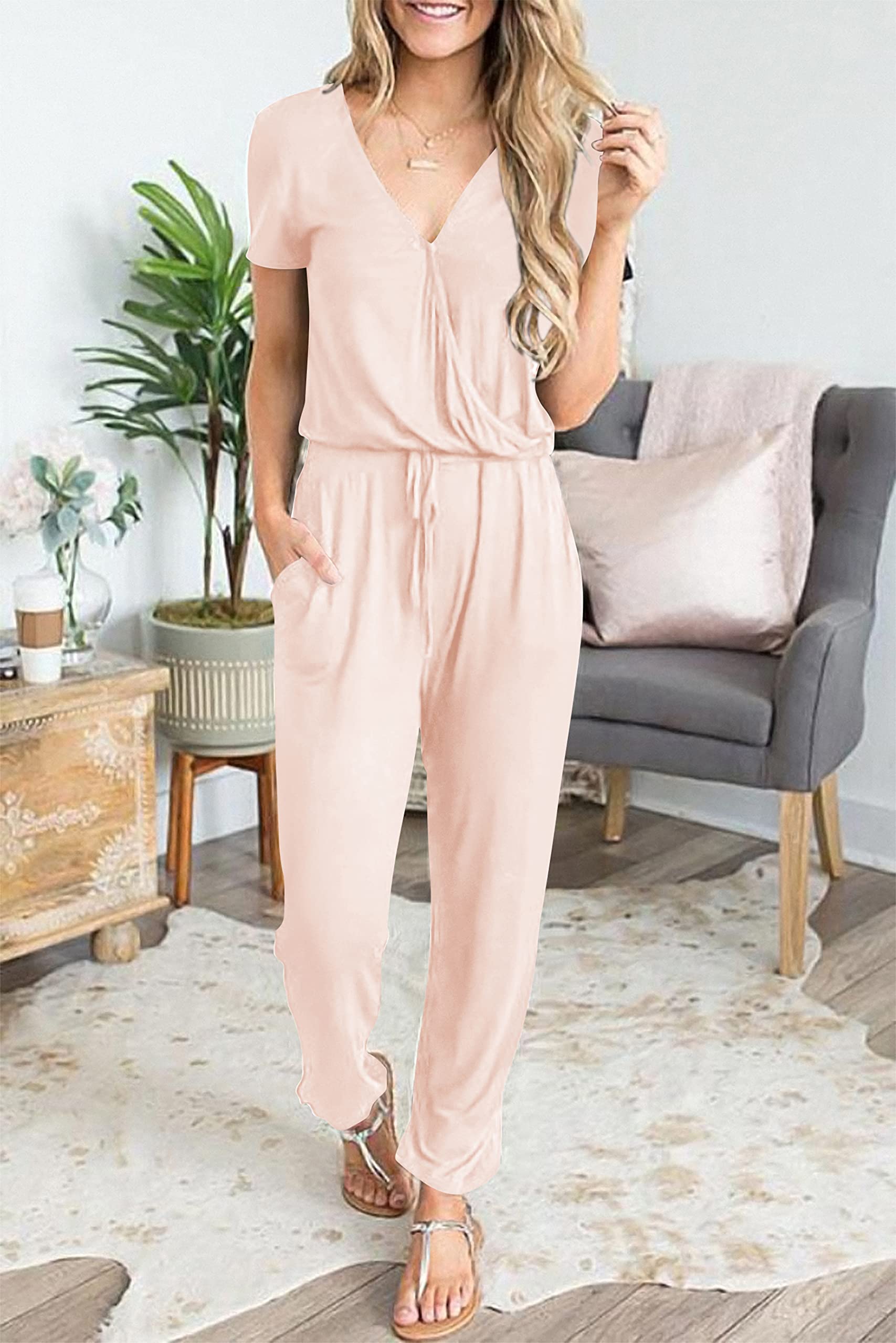 Casual Deep V-neck Short-sleeved Wrap Drawstring Jumpsuit