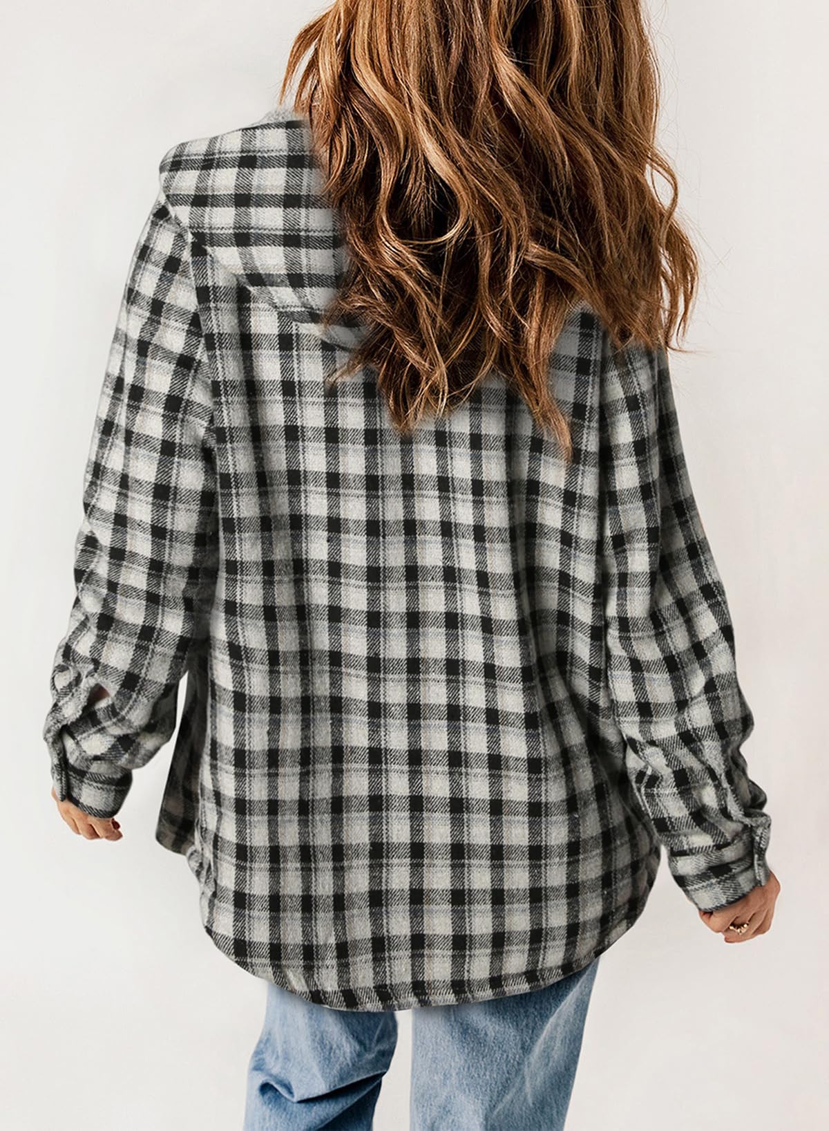 Women's Plaid Long Sleeve Button Fleece Hooded Jacket