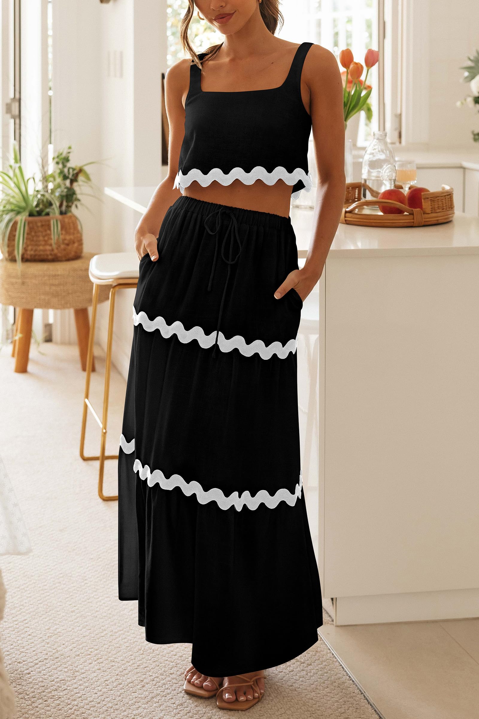 Women's Casual Sleeveless Cropped Tank Top High Waisted Maxi Skirt Set