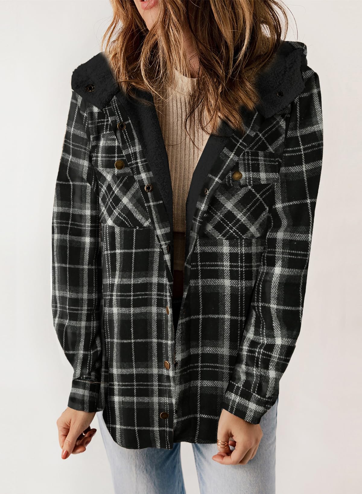 Women's Plaid Long Sleeve Button Fleece Hooded Jacket