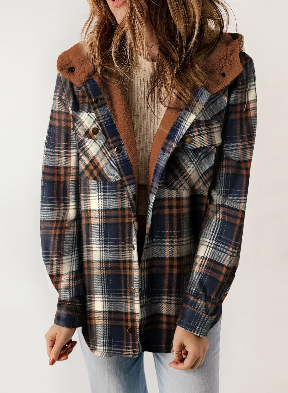 Women's Plaid Long Sleeve Button Fleece Hooded Jacket