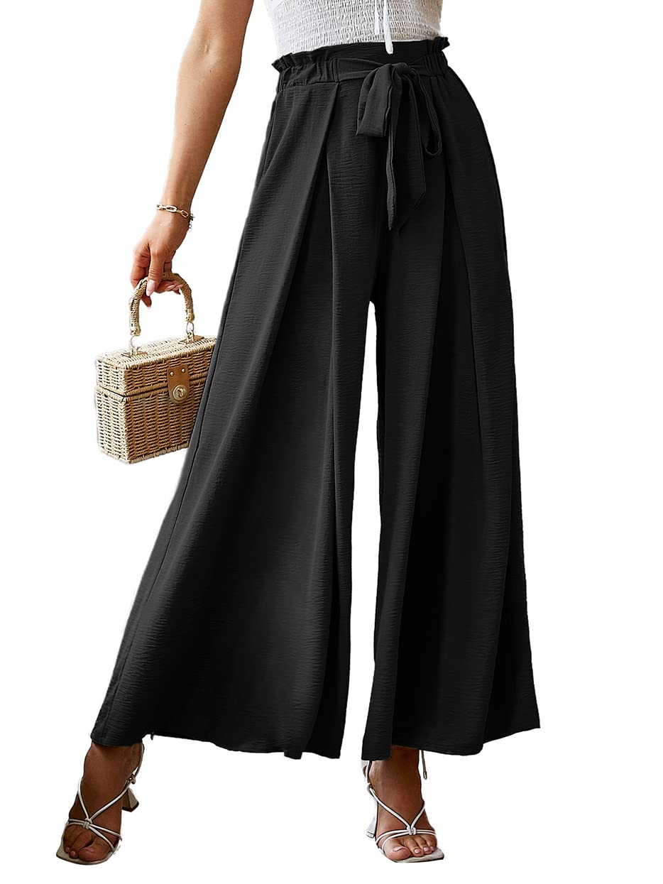 Women's Elegant Striped Split High Waisted Belted Flowy Wide Leg Pants-hivebabe.com