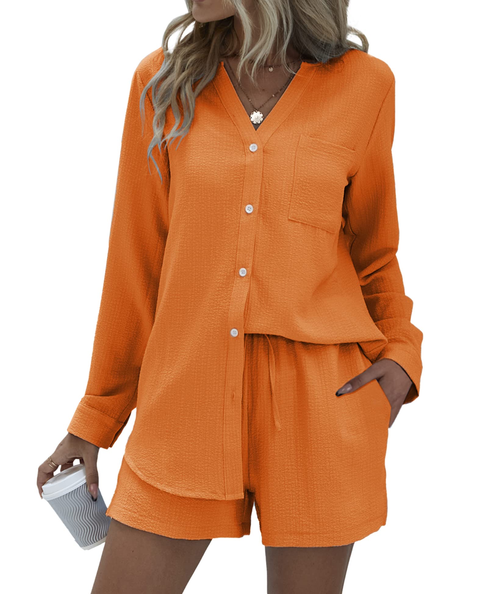V-neck Button-down Shirt and Shorts Set of 2 (With Pockets)