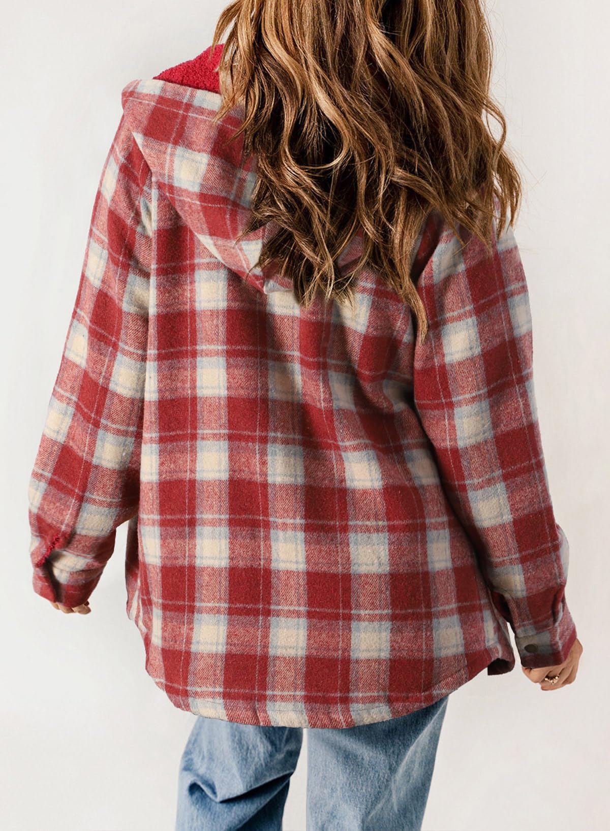 Women's Plaid Long Sleeve Button Fleece Hooded Jacket