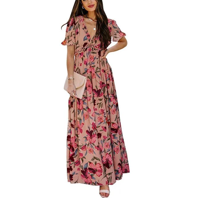 Womens Casual Floral Deep V Neck Dress-hivebabe.com