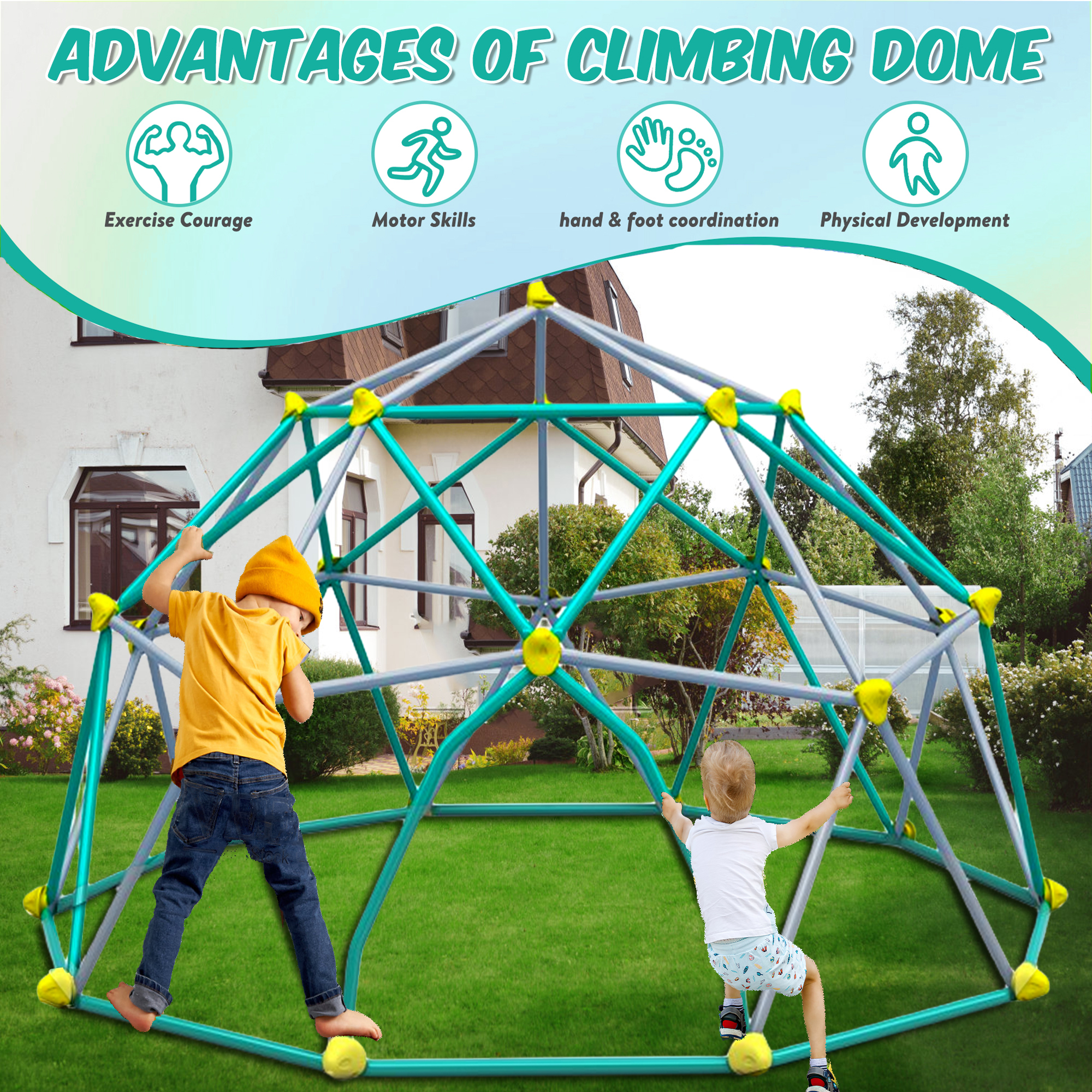 POWANLI 3-in-1 Climbing Dome,144" Dome Climber with Hammock, for Kids Outdoor Play Equipment Jungle Gym, 1000lbs Jungle Gym, Anti-Rust, Easy Assembly, Green+Grey