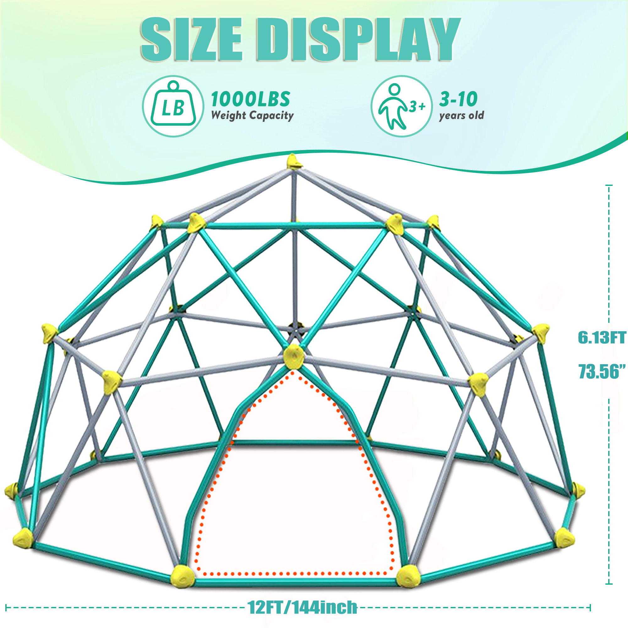 POWANLI 3-in-1 Climbing Dome,144" Dome Climber with Hammock, for Kids Outdoor Play Equipment Jungle Gym, 1000lbs Jungle Gym, Anti-Rust, Easy Assembly, Green+Grey