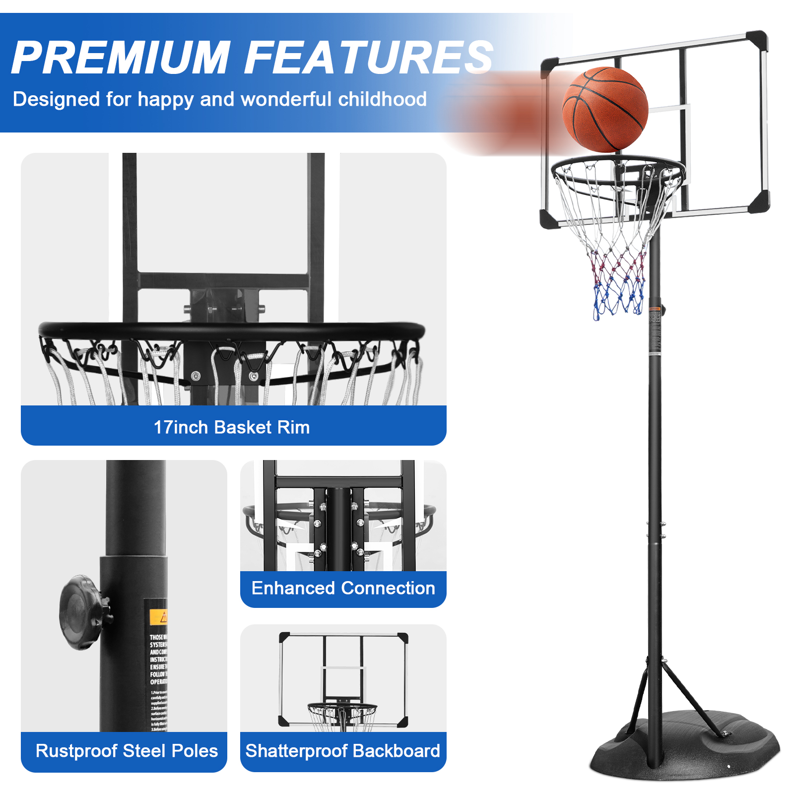 Powanli Portable Basketball Hoop Goal Basketball Hoop System Height Adjustable 7.5ft-9.2ft with 32" Indoor Outdoor PVC Backboard Material