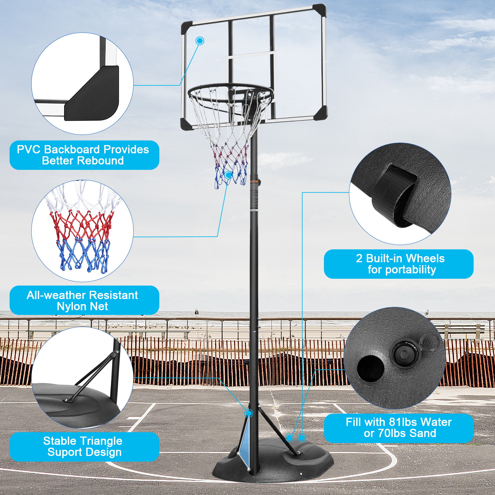 Powanli Portable Basketball Hoop Goal Basketball Hoop System Height Adjustable 7.5ft-9.2ft with 32" Indoor Outdoor PVC Backboard Material
