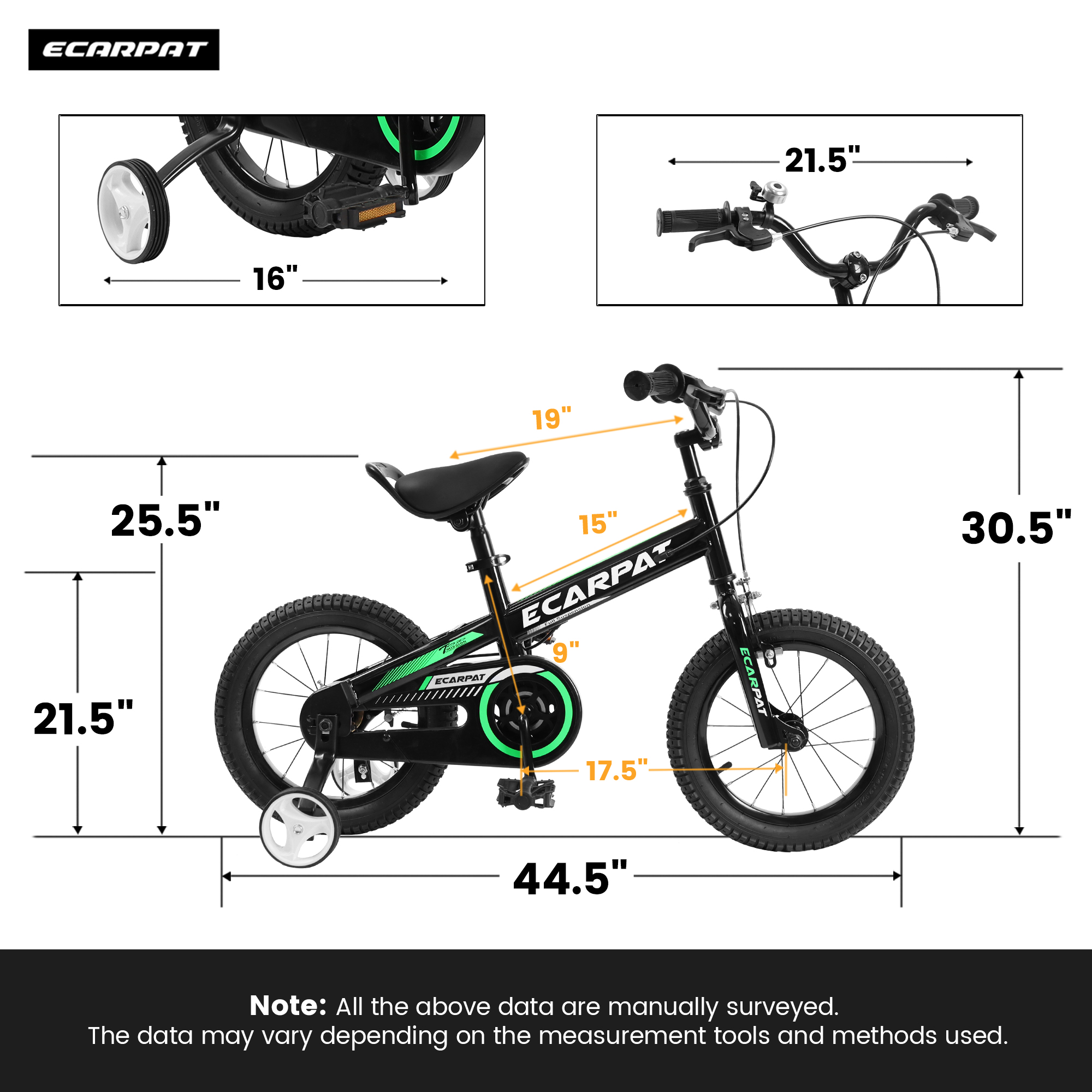 POWANLI 16“ Kids Bike With Removable Training Wheels And Adjustable Seat Post for Boys Girls Ages 4-8 Years Black Color