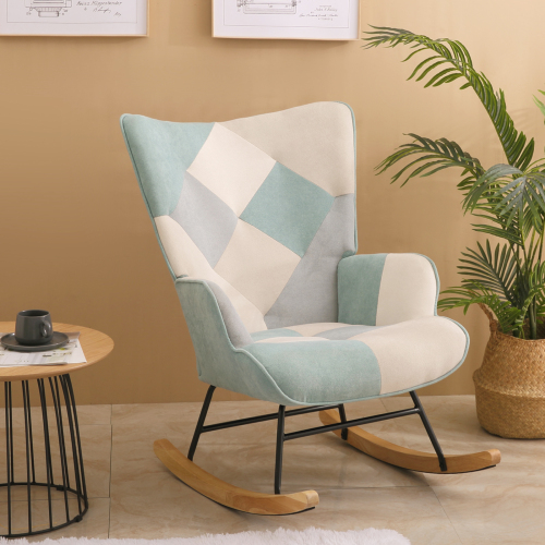 Powanli Accent Rocking Chair, Mid Century Fabric Rocker Chair with Wood Legs and Patchwork Linen for Livingroom Bedroom