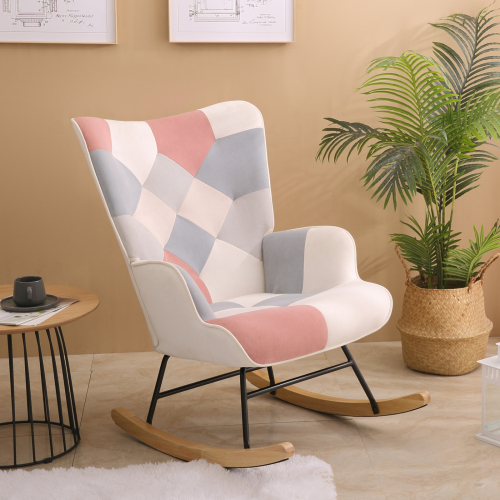 Powanli Accent Rocking Chair, Mid Century Fabric Rocker Chair with Wood Legs and Patchwork Linen for Livingroom Bedroom