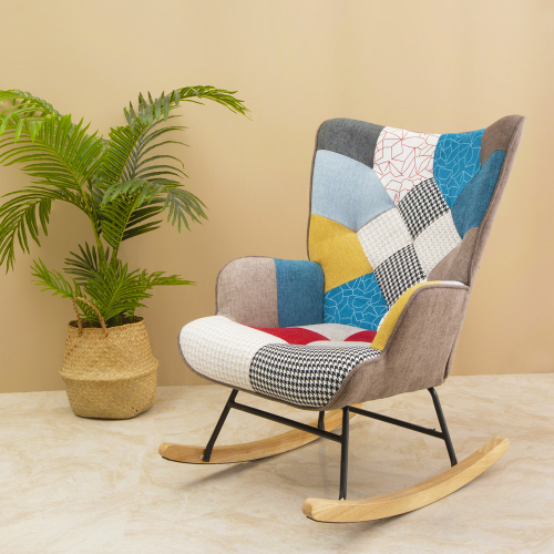 Powanli Rocking Chair, Mid Century Fabric Rocker Chair with Wood Legs and Patchwork Linen for Livingroom Bedroom