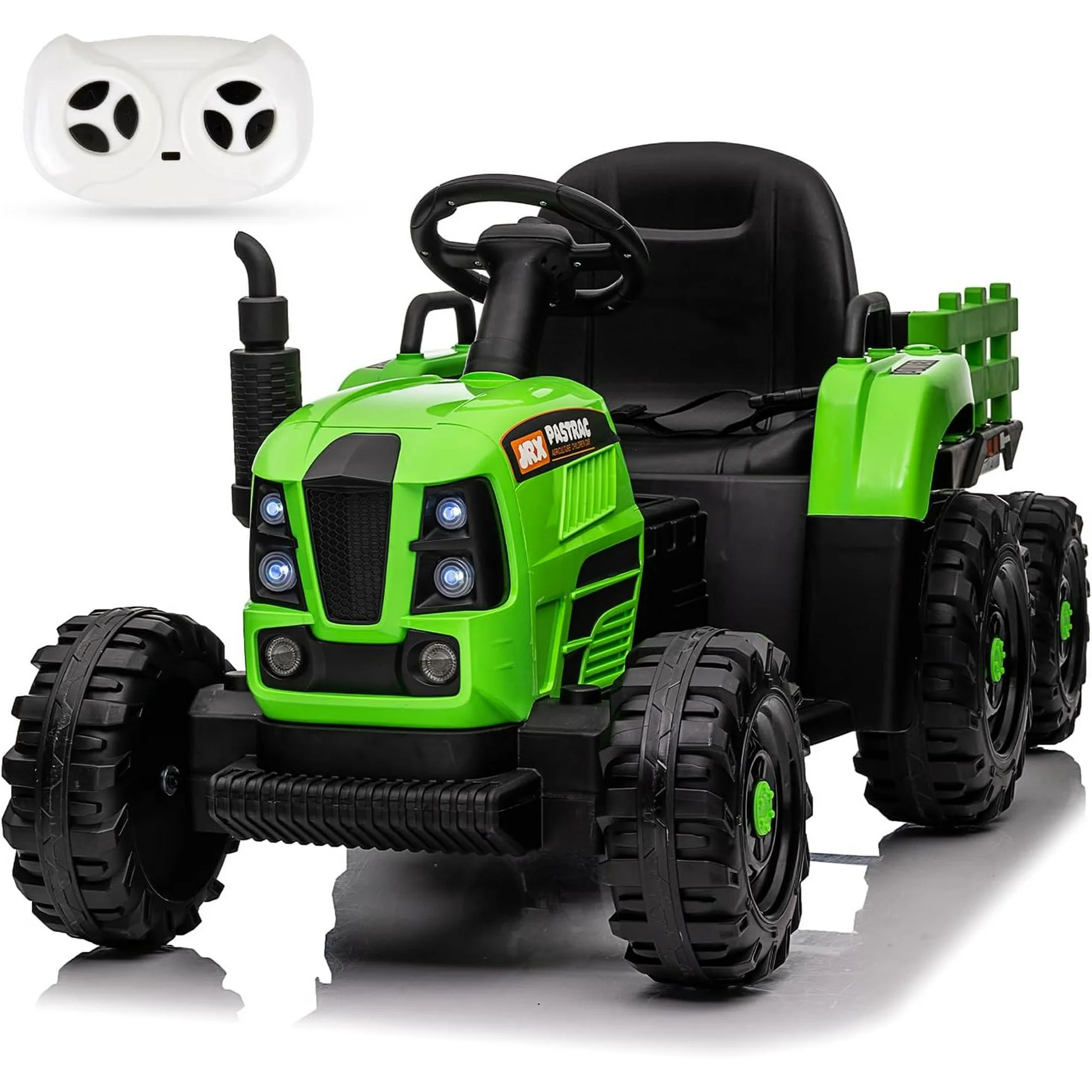 POWANLI 12V Kids Ride On Tractor with Trailer, Battery Powered Electric Car w/ Music, USB, Music, LED Lights, Vehicle Toy for 3 to 6 Ages, Dark Green