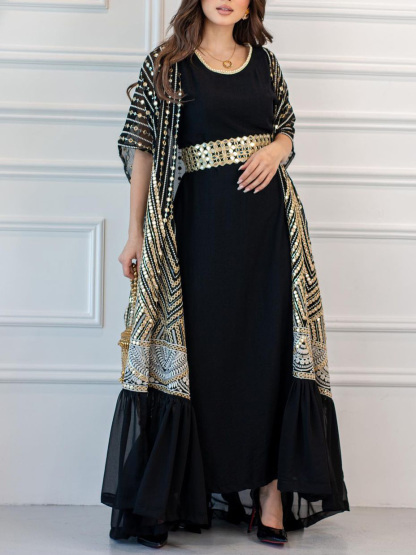 Elegant Round Neck Dress and Sequin Tunic Set