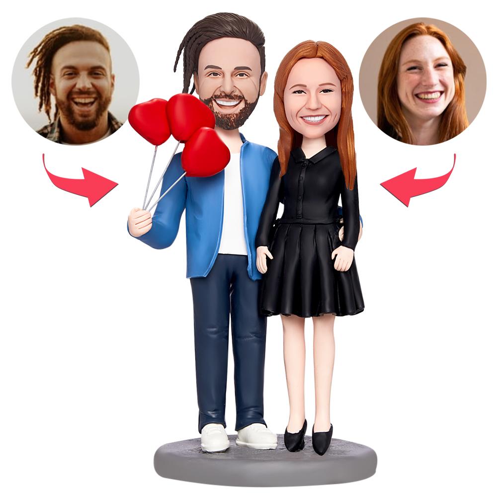 Valentines Gift Couple with Love Balloons Custom Bobblehead with Engraved Text