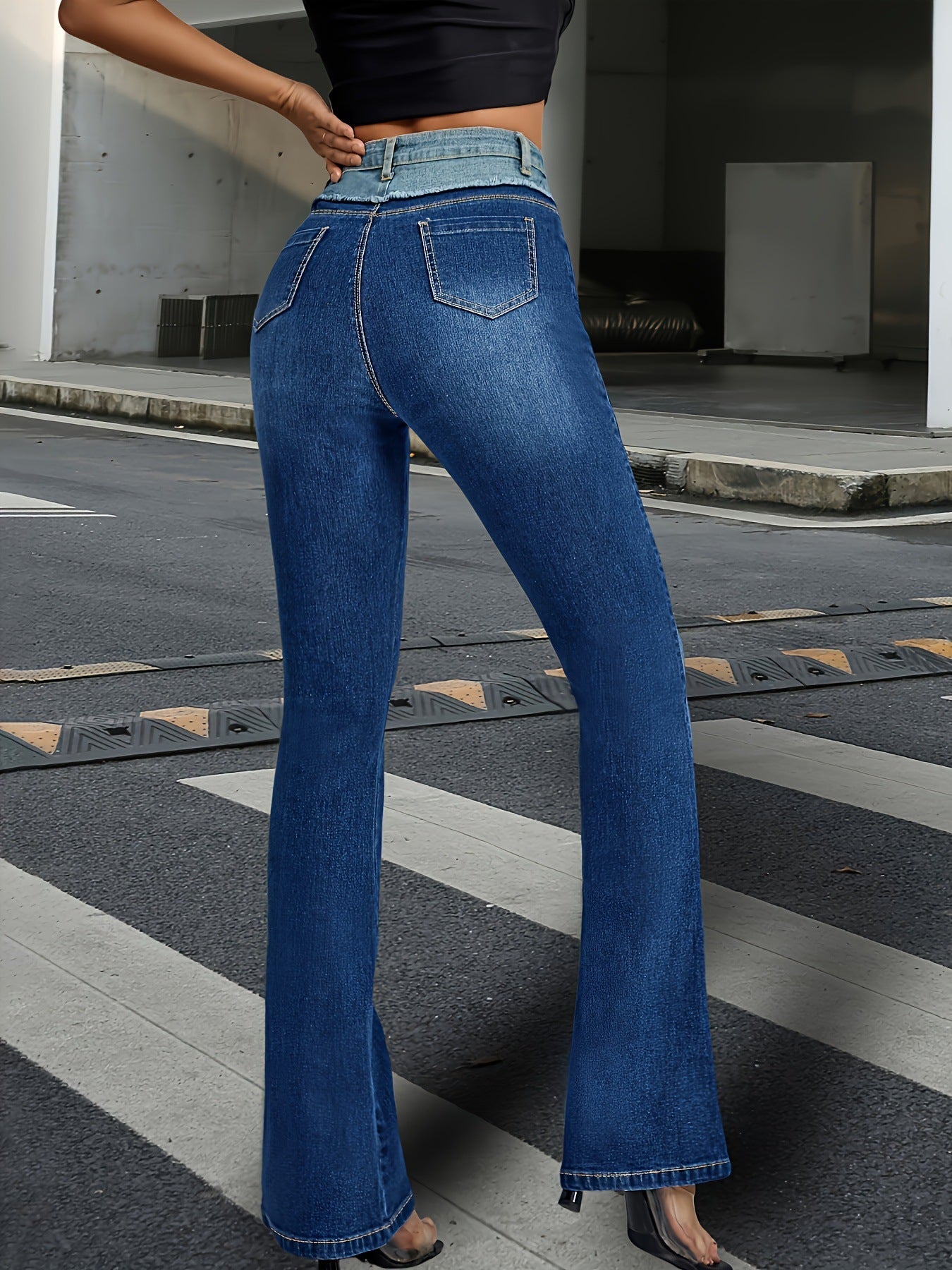 Fashion Stitching Contrast Color Denim Bell-bottom Pants Women