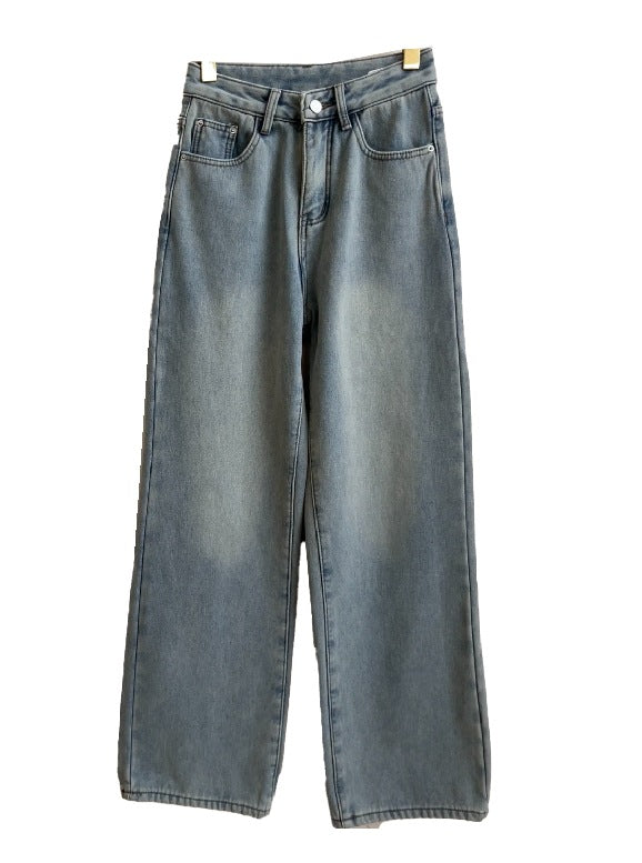 Retro Blue Pear-shaped High Waist Velvet Padded Baggy Pants