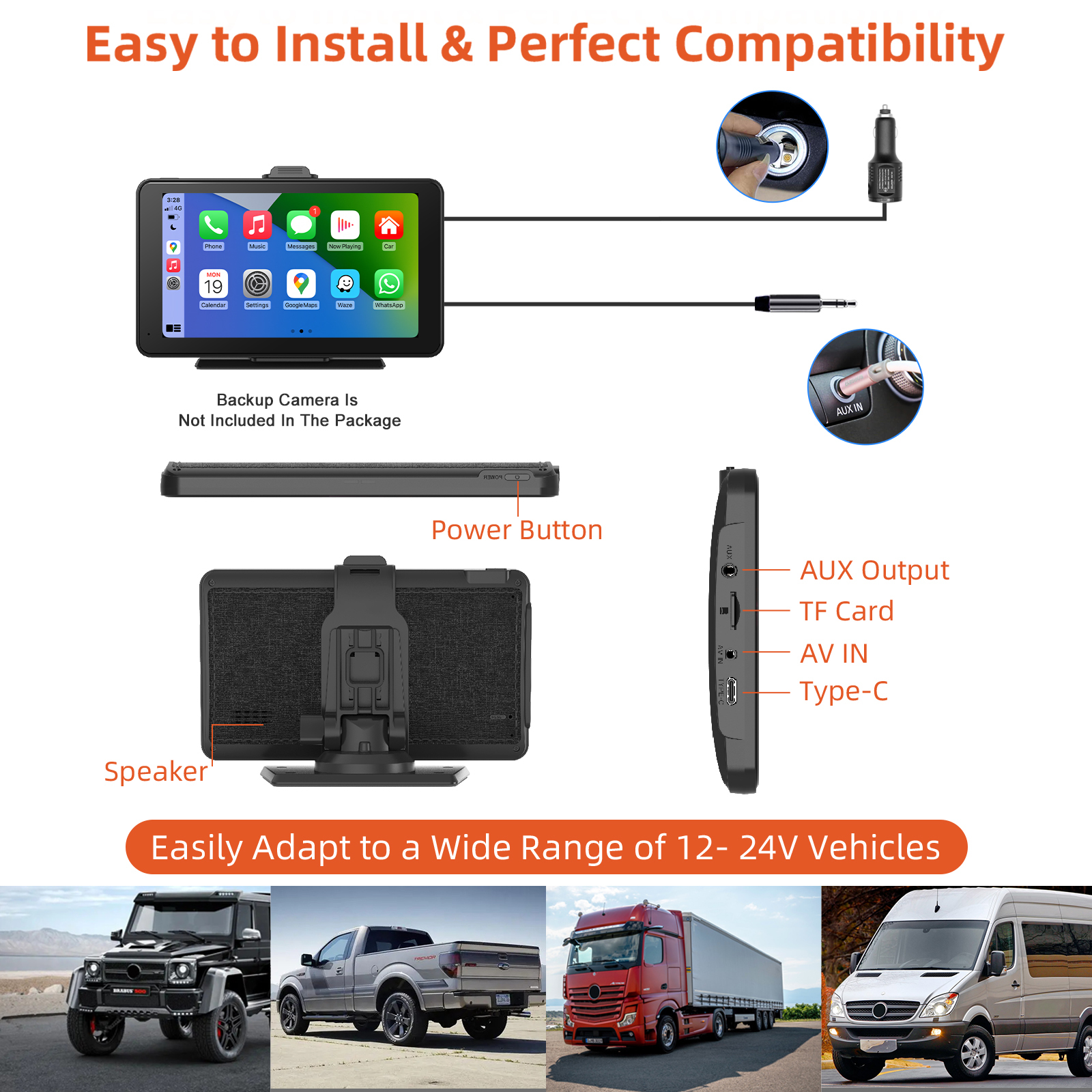 7 Inch HD IPS Touch Portable Car Screen with 1080P Backup Camera