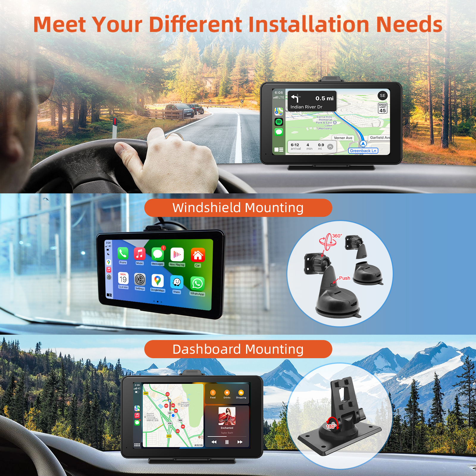 7 Inch HD IPS Touch Portable Car Screen with 1080P Backup Camera