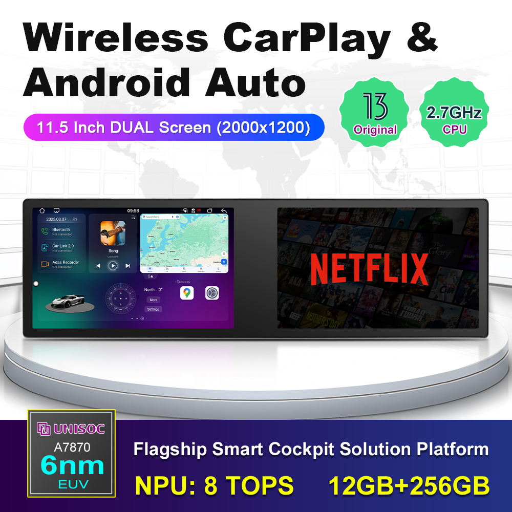 11.5" Dual Screen Autoradio Car Radio Touch Screen Car MP5 Player with Wireless Carplay & Android Auto BT/Type-C/USB