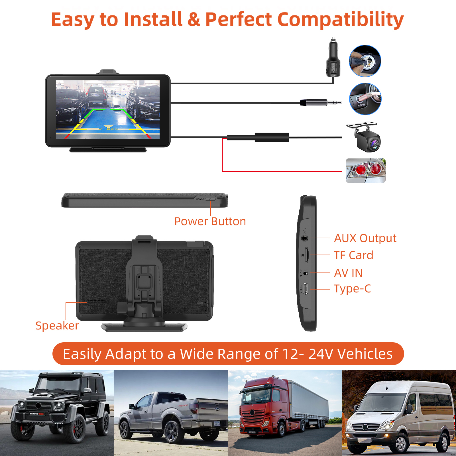 7 Inch HD IPS Touch Portable Car Screen with 1080P Backup Camera