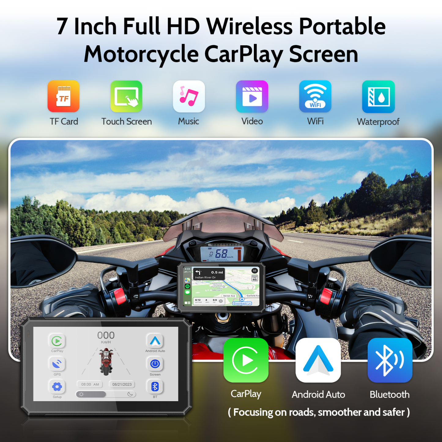 IYING M7 Pro 7 Inch Motorcycle Carplay Portable Android Auto Player Supports WIFI, Dual Bluetooth