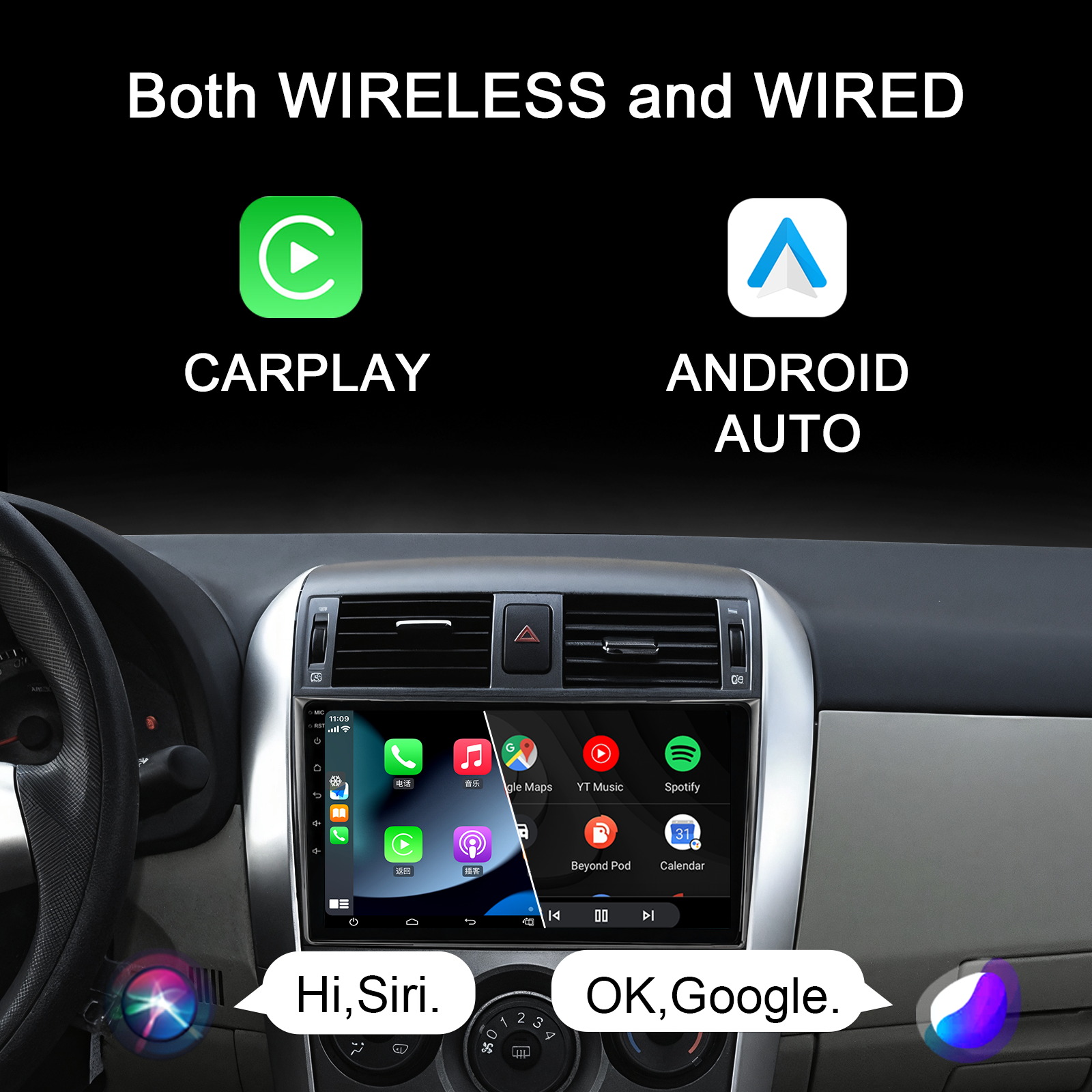 Carplay Car Radio 9 Inch Touch Screen Android 13 32G For Toyota Corolla 2009-2013 
