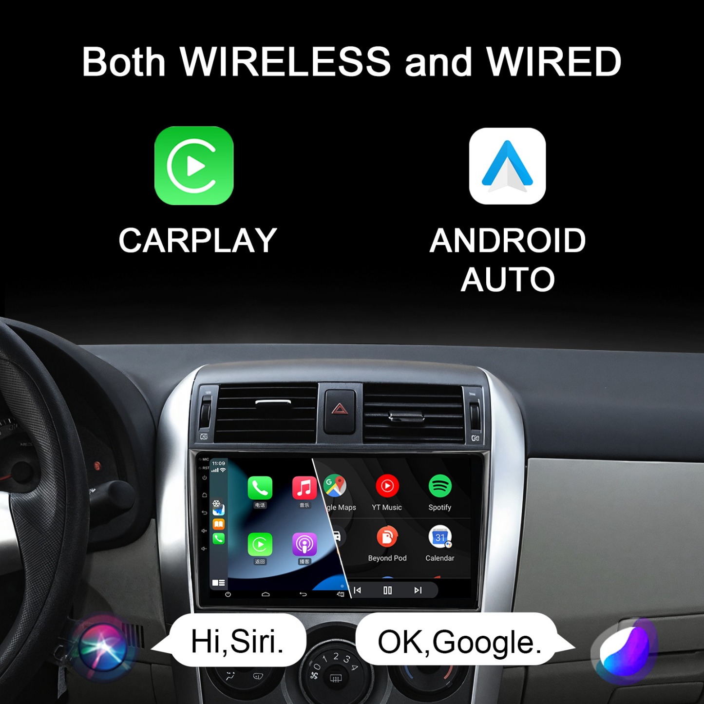 Carplay Car Radio 9 Inch Touch Screen Android 13 32G For Toyota Corolla 2009-2013 