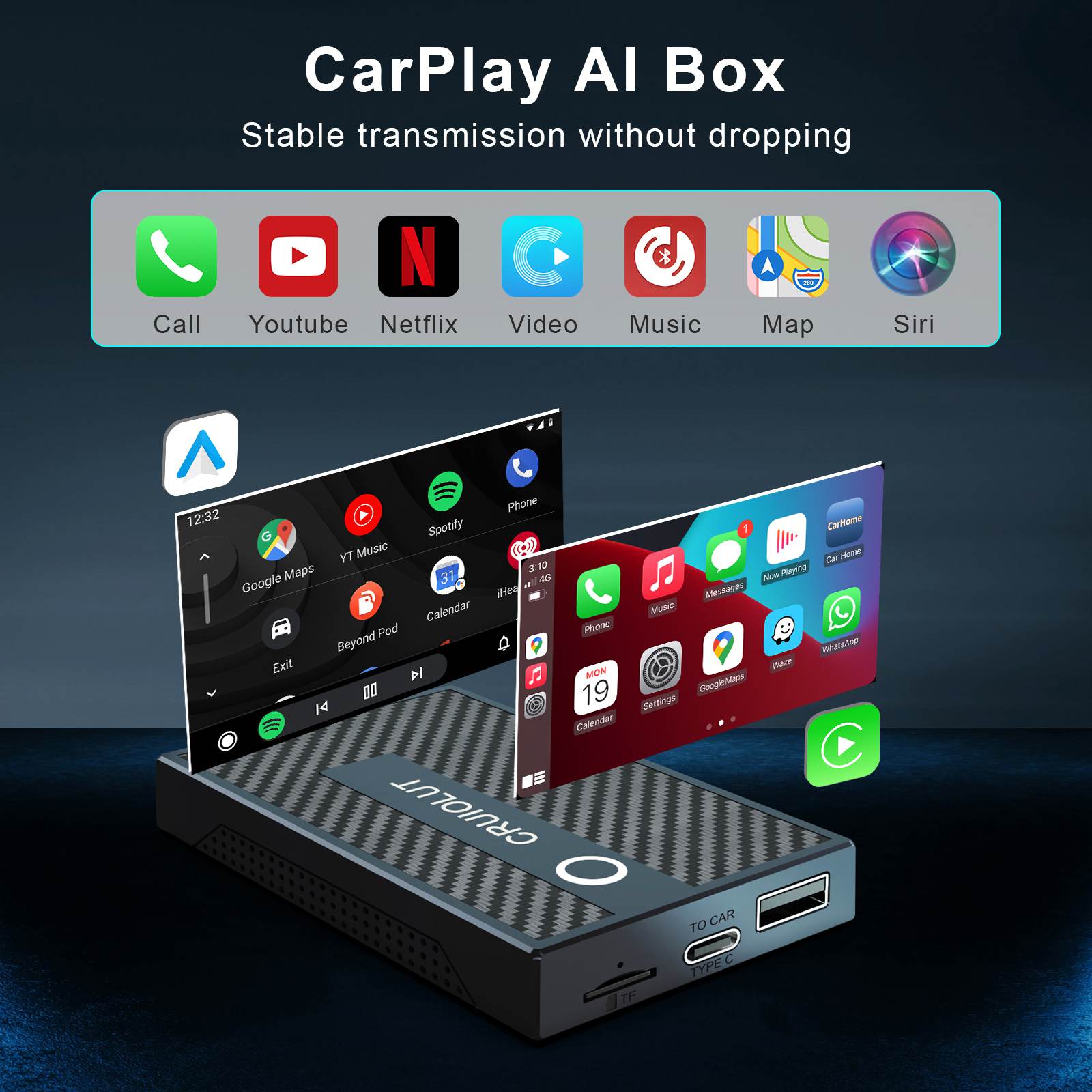 Ultra-Stable Plug&Play Carplay AI Box Media Player With Maximum Compatibility With Android & Apple