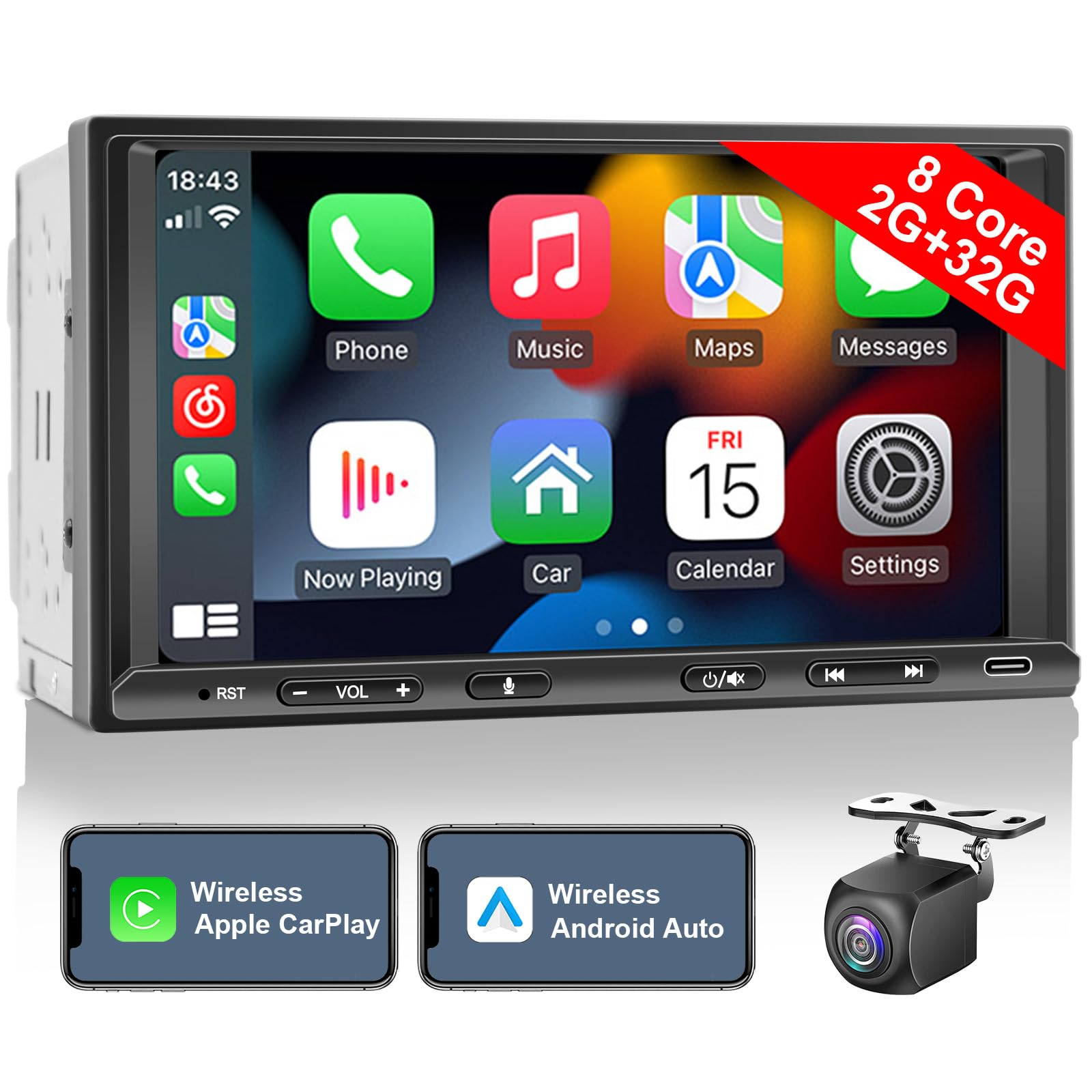 7" Android Double Din Car Stereo - Surport Wireless CarPlay & Android Auto, Dual Bluetooth, Split Screen, DSP, With AHD Backup Camera