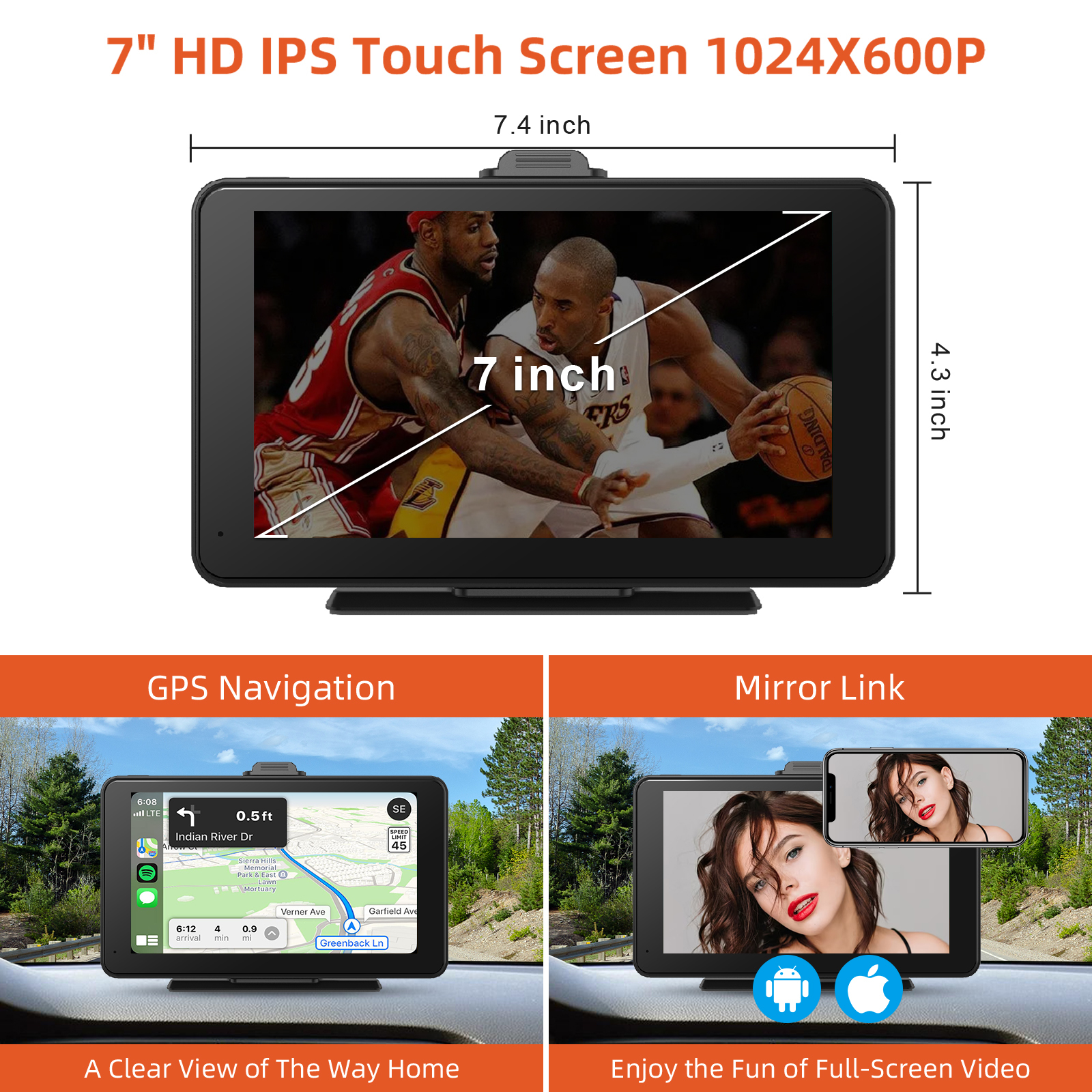 7 Inch HD IPS Touch Portable Car Screen with 1080P Backup Camera