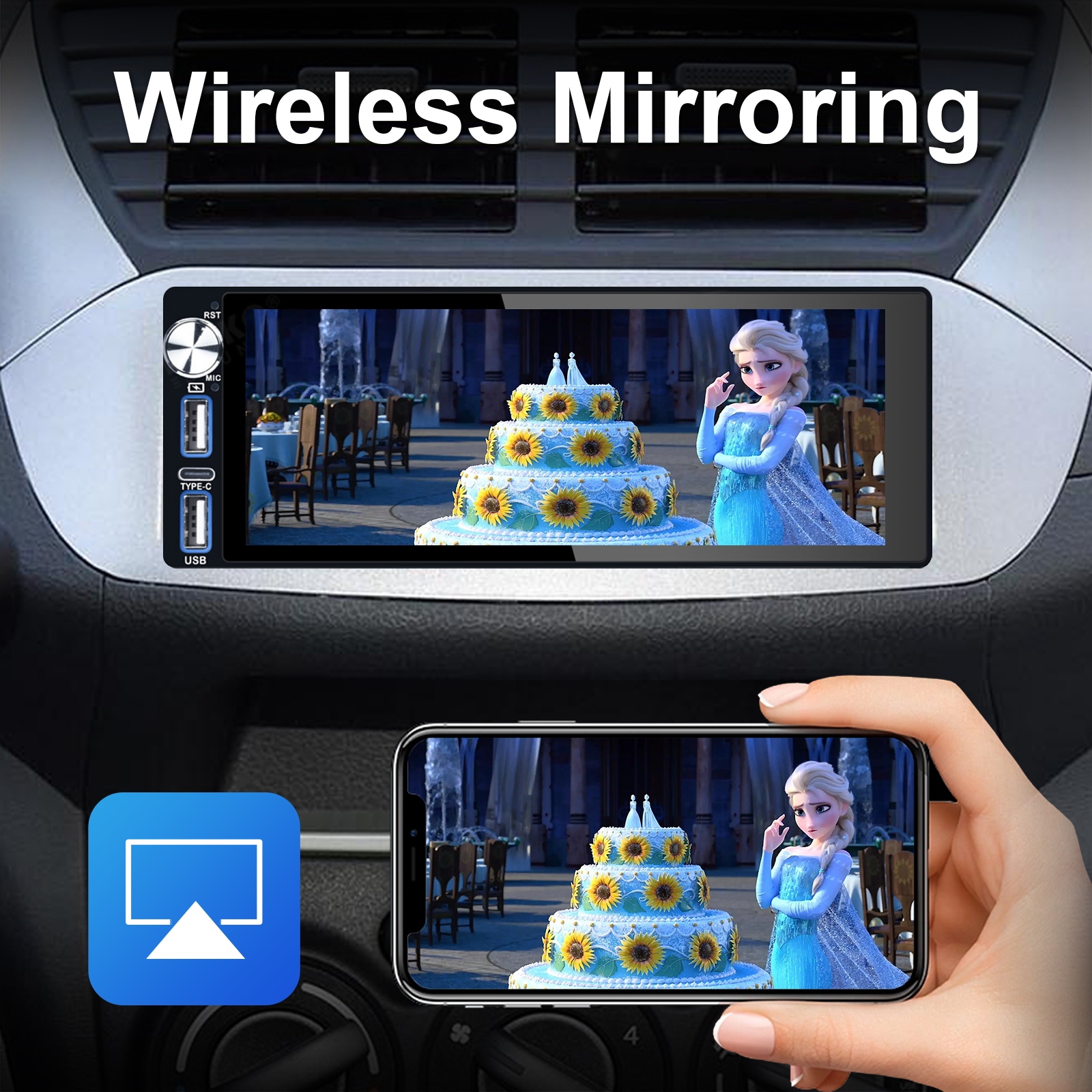 6.9" Touch Bluetooth Single Din Car Stereo For Apple/Android CarPlay With 2GB + 32GB  