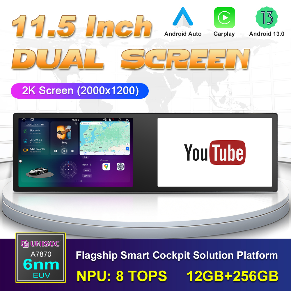 11.5" Dual Screen Autoradio Car Radio Touch Screen Car MP5 Player with Wireless Carplay & Android Auto BT/Type-C/USB