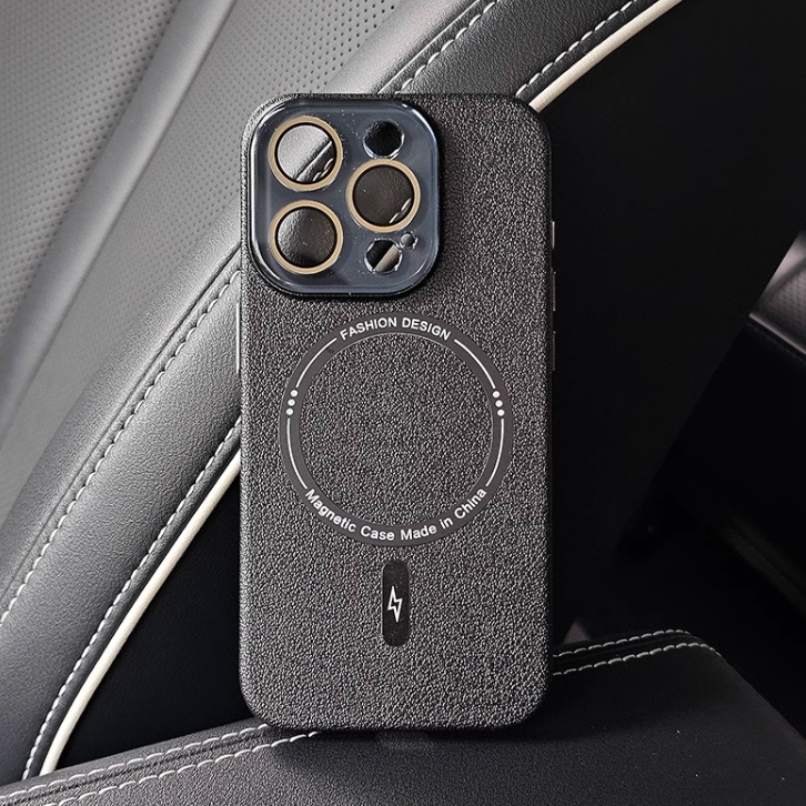 Magnetic matte leather phone case with lens film suitable for iPhone 15-12 series