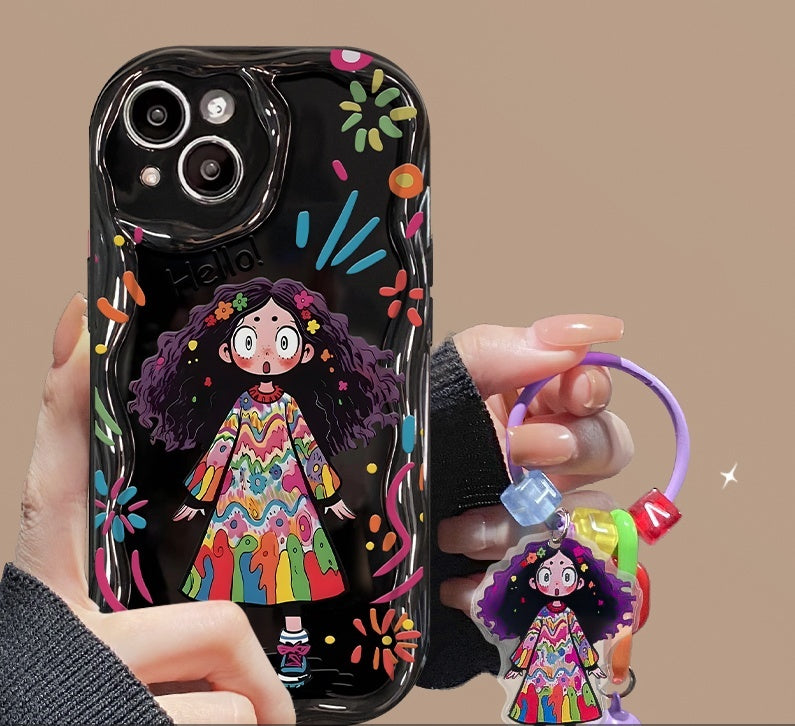 Creative graffiti cute girl silicone pendant iPhone protective case-Free pendant